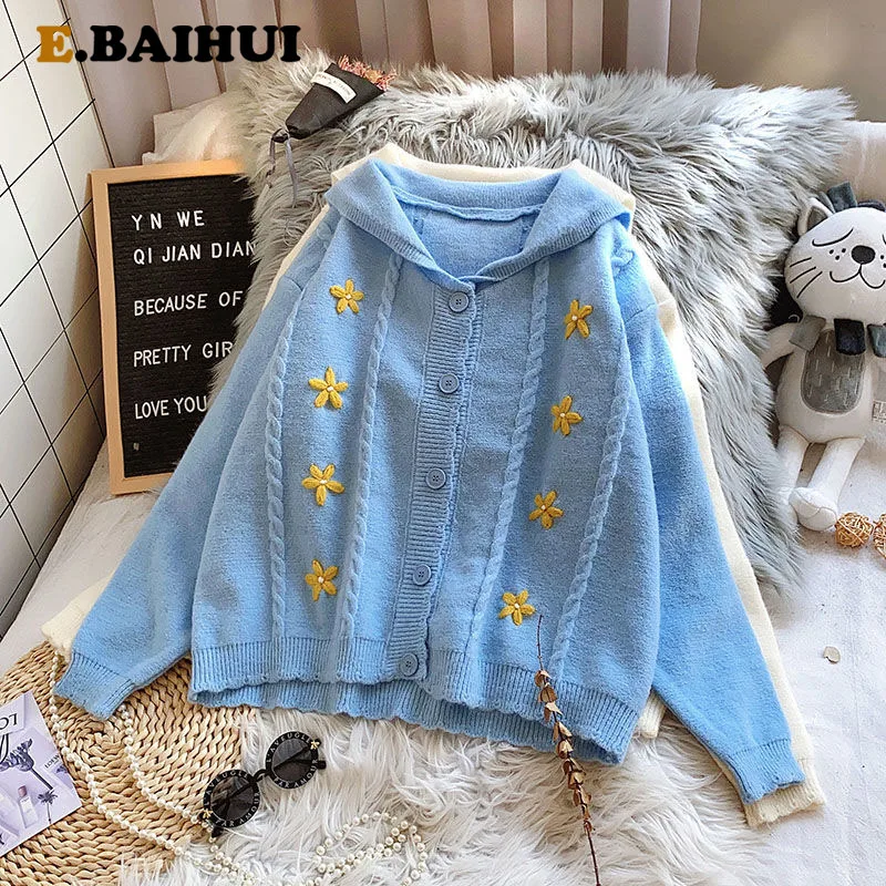 EBAIHUI Preppy Style Stars Knit Cardigans Sweater Women V Neck Loose Elegaht Thicked Pull Femme Print Short Casual Coat |