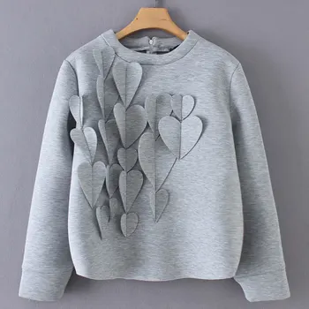 

Women Hearts Appliques Sweatshirts Oversize Long Sleeve Back Zipper O Neck Gray c