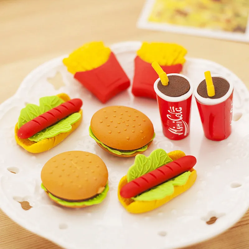 

5 Styles Cute Pencil Eraser Novelty French Fries Hot Dog Hamburger Food Colorful Rubber Eraser Stationery Correction Supplies