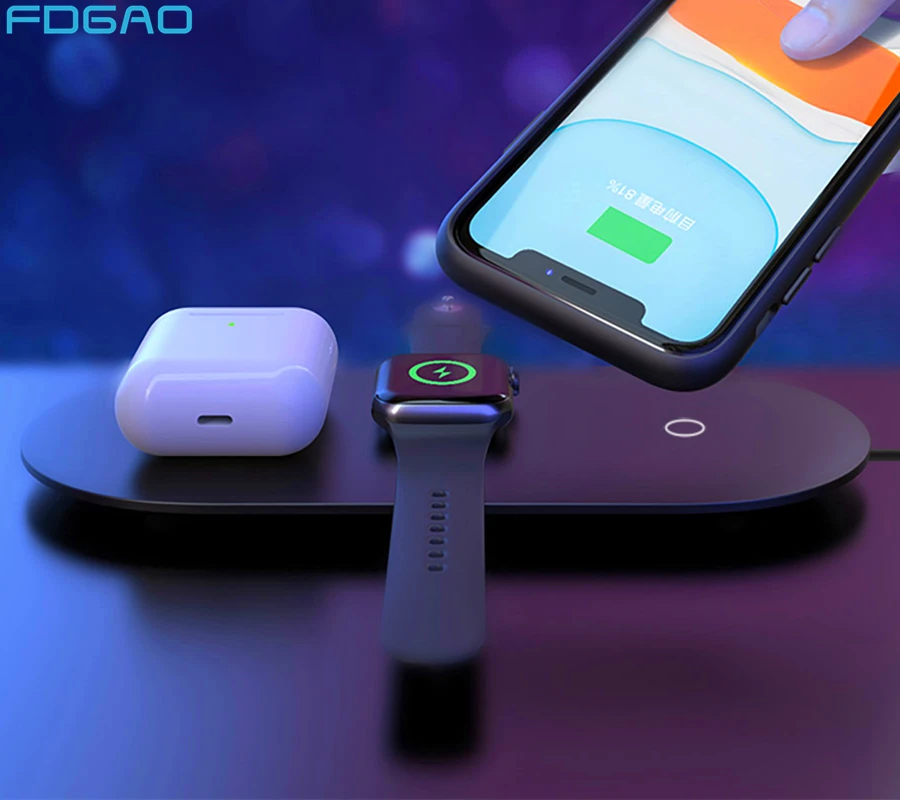 Беспроводное зарядное устройство Qi для iPhone 11 X XS Max XR 15 Вт 3 в 1 Apple Watch 5 4 2 Airpods pro