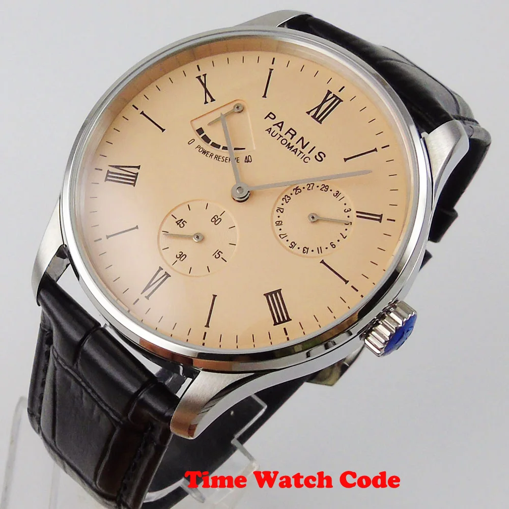 

2020 Luxury 42mm Parnis Rose golden dial date Power Reserve Mechanical Automatic movement black leather strap Men's Wristwatch