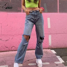 Gold Hands Hole Blue Black Denim Jeans Women Korean Style High Waist Loose Ripped Jeans Streetwear Fashion Pockets Harem Pants