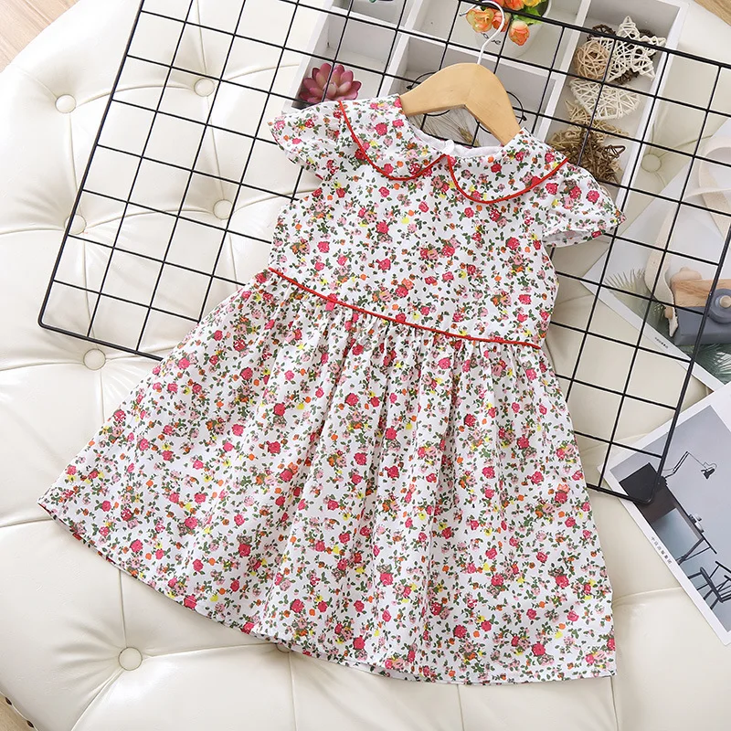 Летнее платье для девочек; Новинка г.; детское платье с короткими рукавами и кукольным воротником с цветочным рисунком; Повседневное Платье До Колена