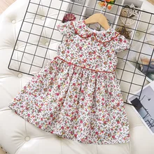 Летнее платье для девочек; Новинка г.; детское платье с короткими рукавами и кукольным воротником с цветочным рисунком; Повседневное Платье До Колена