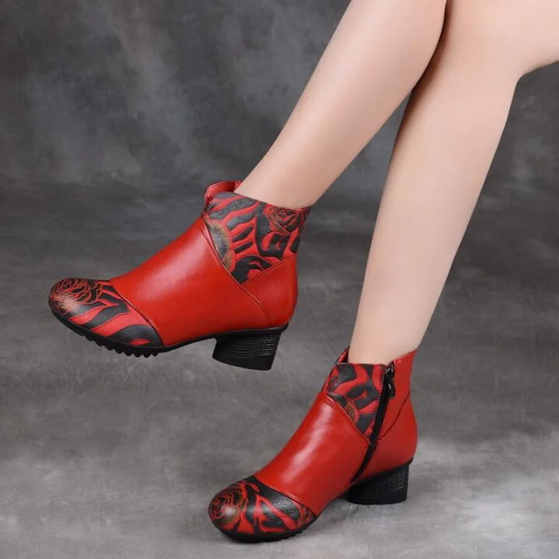 Autumn Winter New Retro Genuine Leather Flat Ankle Boots  Thick Heel Female Casual Shoes Women Snow Boots Mother Warm Boots