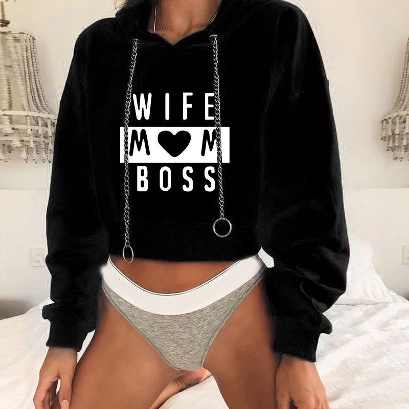 

2019 Women Streetwear Thicken Funny Loose Kawaii Sleeve Cartoon WIFE MOM BOSS Printed Autumn New Short Women Fashion Animal Sexy Hoodies Sweatshirt Pullover Tops