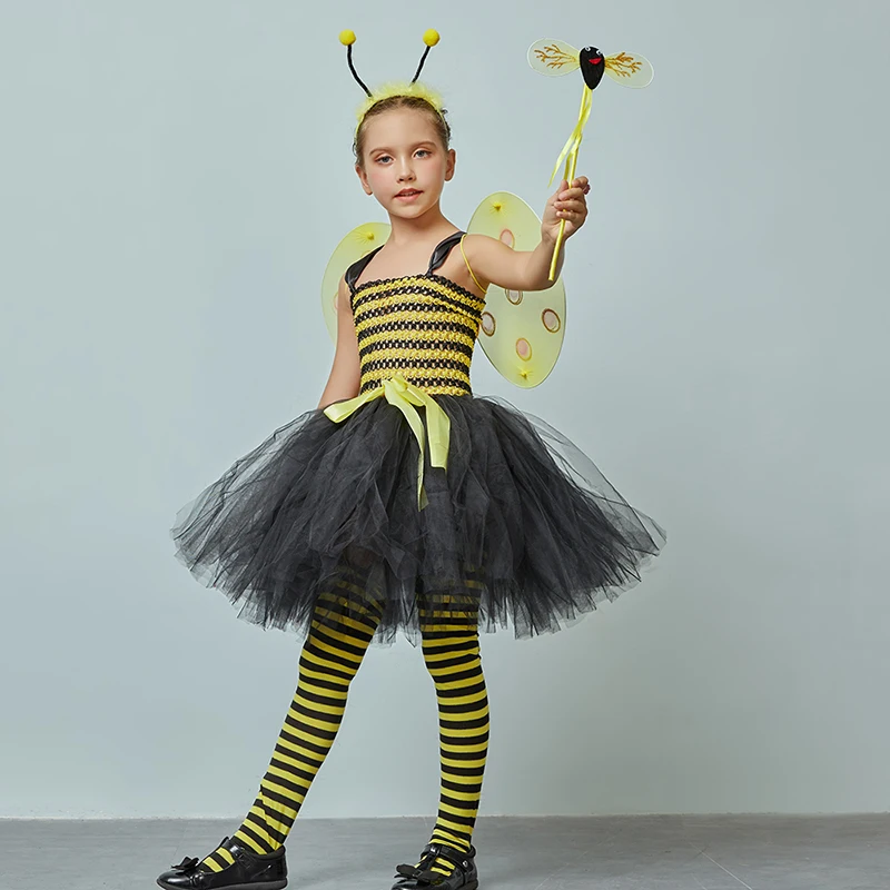 Children Bumble Bee Costume Set Girls Tutu Wings & Headband Yellow Black Kids Fancy Dress Halloween Dress Up Party Clothes (7)