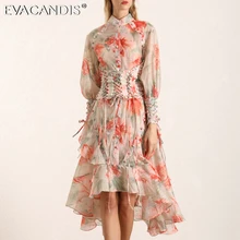 Туника фонарь длинный рукав рубашка с цветочным принтом Европейский Midi Zimm бренд подиум дизайнер женское платье Элегантное пляжное винтажное платье