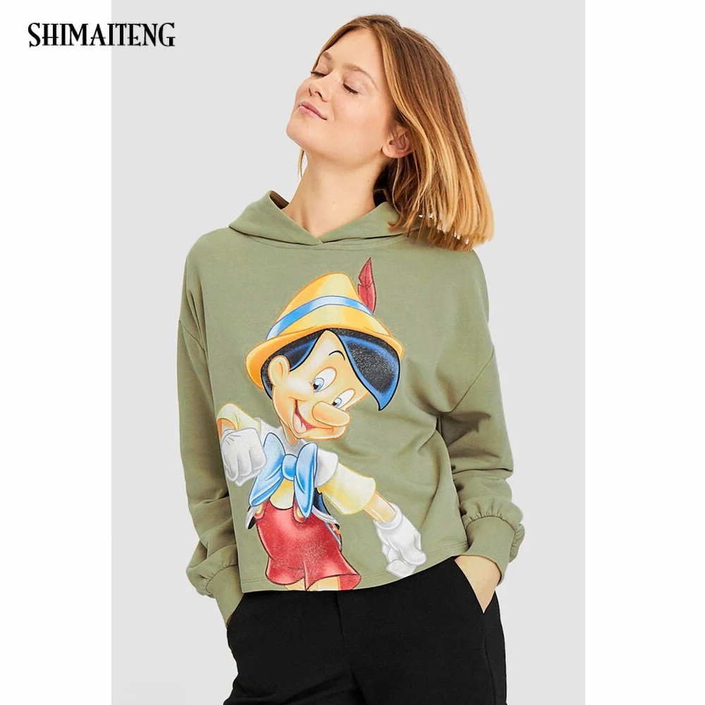 Pinocchio Fairy Women Hoodies New Winter Cartoon Print Green Long Sleeve O Neck Ladies Sweatshirt Casual Zaraing Pullover