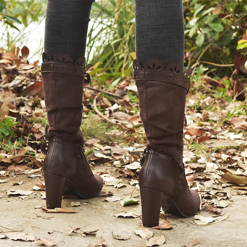 Женские сапоги-трубы со шнуровкой на высоком каблуке средней высоты; botas zapatos mujer; кожаная зимняя обувь в стиле ретро; ботинки размера плюс; ковбойские ботинки