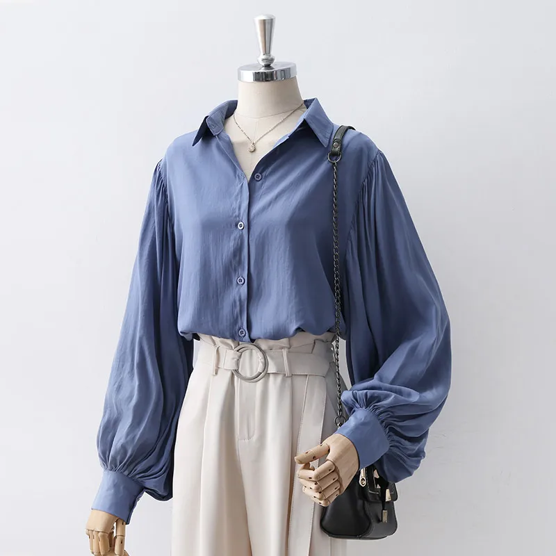 

COIGARSAM Korea Style Shirt Womens tops New Spring Office Lady Full Sleeve Chiffon Solid Loose Women shirts White Blue 1650