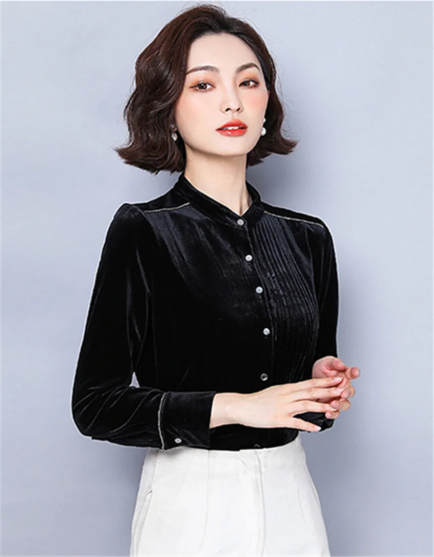 3XL Plus Size Tops Autumn Winter Velvet Blouse Shirt Women Long Sleeve Stand Neck Casual Shirt Ladies OL Blusas Feminina