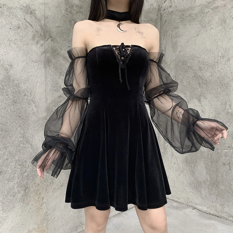 Vestidos góticos para mujer, minivestido Sexy de manga larga transparente cordones, cuello Halter, media luna, AliExpress