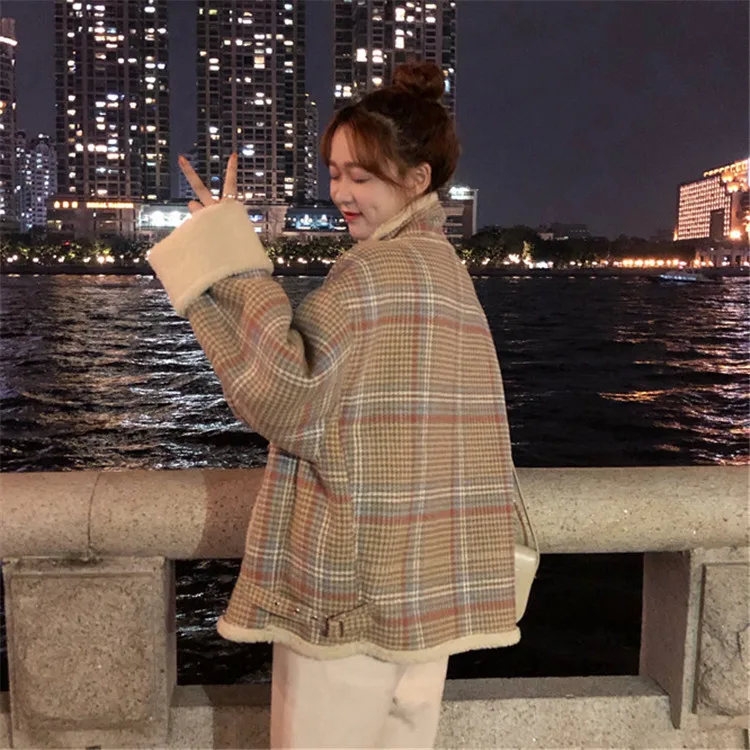 

Photo Shoot Autumn And Winter Coat Women's 2019 New Style Western Style Loose-Fit Plaid Long Sleeve Stand Collar Jacket-Style