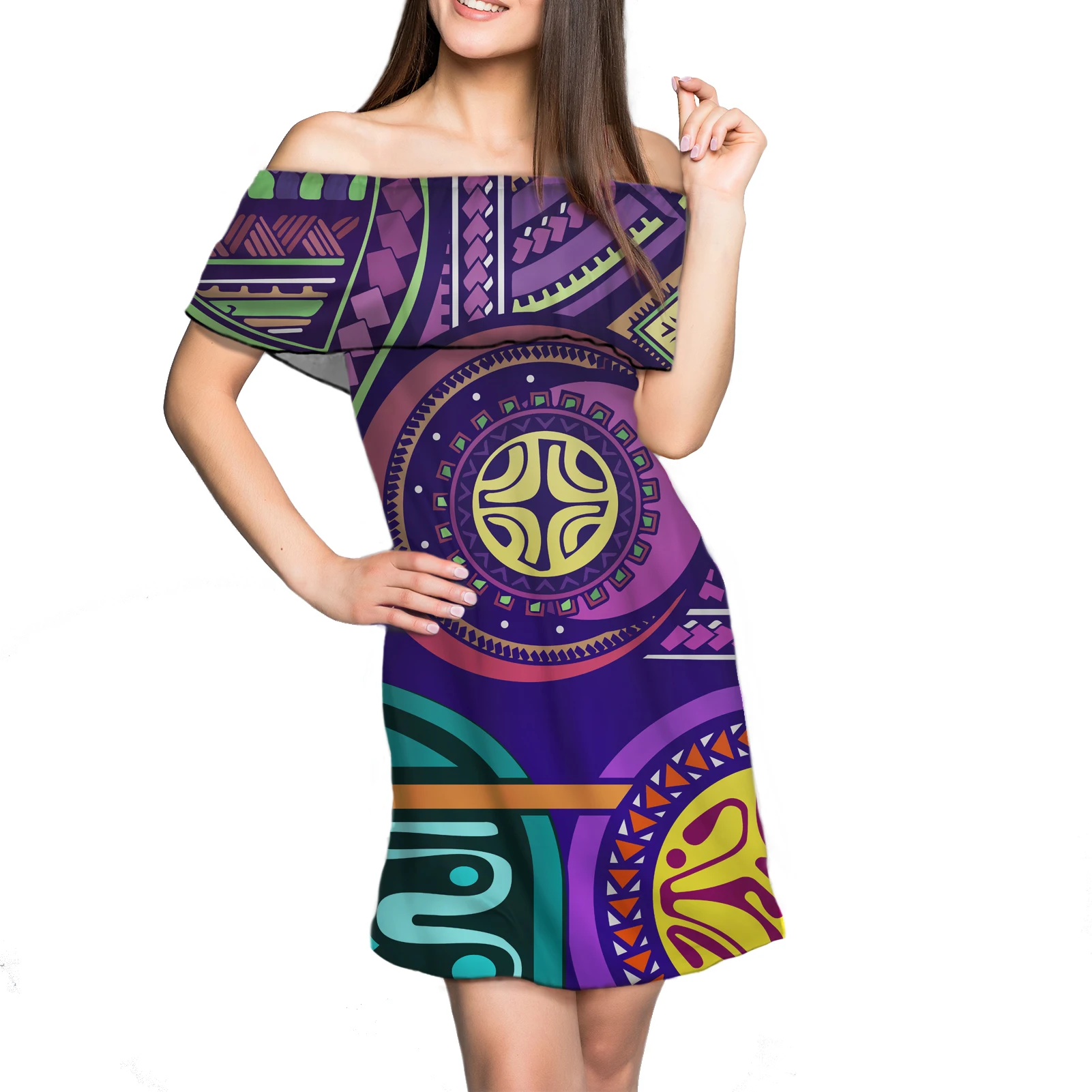 

HYCOOL Polynesian Print Tribal Dresses For Women 2021 Summer Ruffle Party Midi Dress Women Purple Tribal Off The Shoulder Dress