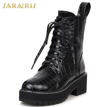 

Sarairis 2020 New Design Top Quality Ankle Boots Woman Shoes Lace Up Platform Chunky Heels Comfortable Black Shoes Ladies Boots