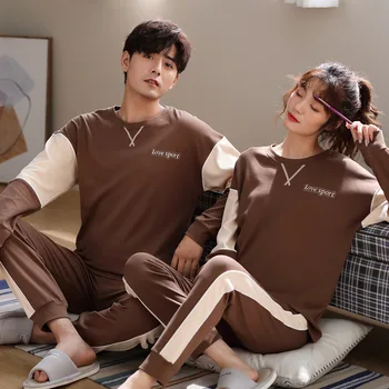 

Couple Round Neck Cotton Pajamas Women Autumn And Winter Long-Sleeved Trousers Men's Casual Simple Plus Size Korean Home service