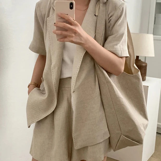 Mozuleva New Summer Women 2 Piece Sets Matching Wide Leg Short Pants Casual Cotton and Linen Pocket Lady Biker Shorts Suit 2020