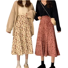 Retro Mid-length A-line Women Skirt Floral Printed Pleated Skirt Spring High Wasit Ladies Skirts Casual Women's Pleated Skirts