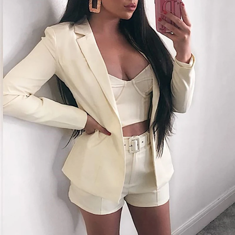 

Outfits Pink Blazer Suit Top Shorts 2 Two Pieces Set with Belt Autumn Winter Women Streetwear Coat Jacket Sets Office PL993G