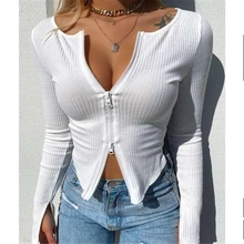 Women T-Shirt Tops Spring Ribbed Knitted Long-Sleeve Zipper-Design Black White Sexy Autumn