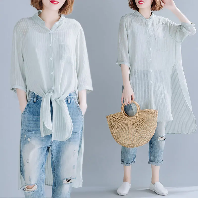 

2019 Summer Large Size Crew Neck Shirt Stripes Half-sleeve Shirt Swallow Tail Non-symmetrical Hem Sun-resistant Cardigan