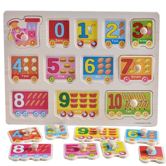 Big Size Baby Montessori Wooden Puzzle Hand Grab Board Set Educational Toys Infantil Cartoon number letter Math Puzzle kids Gift 2