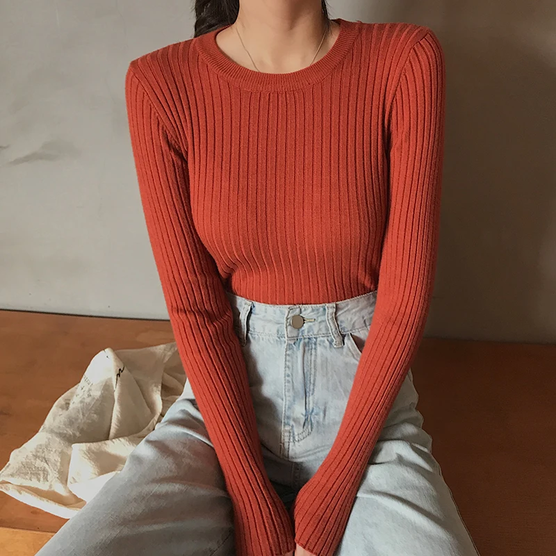 

2019 Winter Women Basic Sweaters Solid Casual Pullover Jumper Autumn O Neck Knitted Knit Sweater Female