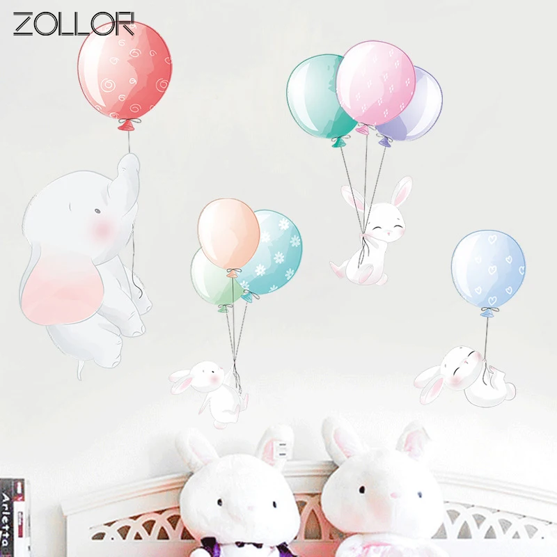 Zollor Balloon Elephant Baby Rabbit DIY Wall Sticker Decoration Cartoon Style Children Room Mural Decals Nursery | Дом и сад