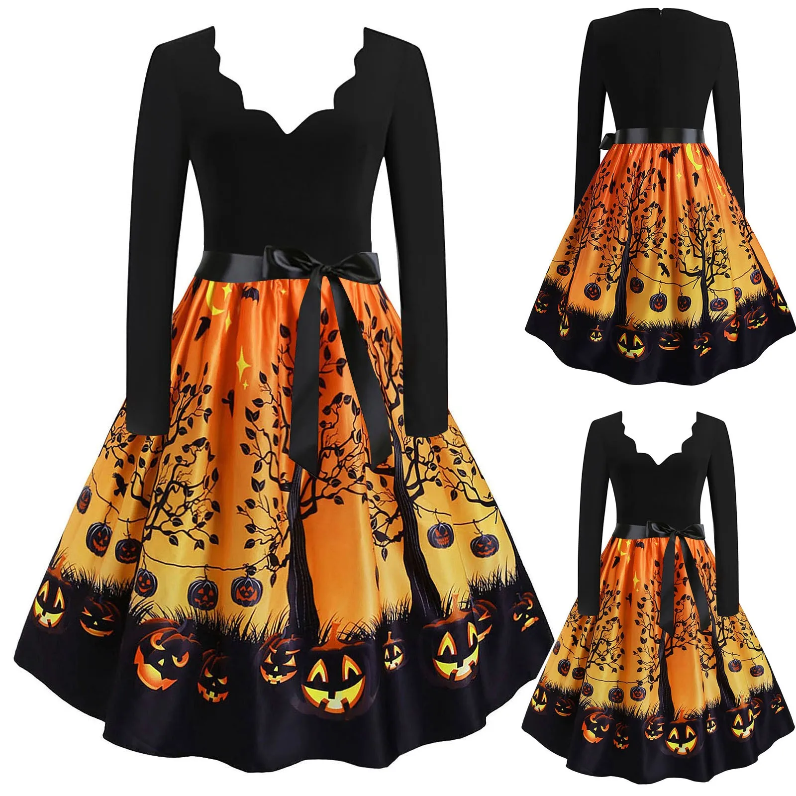 Women Vintage print Long Sleeve Halloween Dresses 1950s Housewife Evening Party Prom Festival Robe Maxi Dress Plus Size Vestido 2