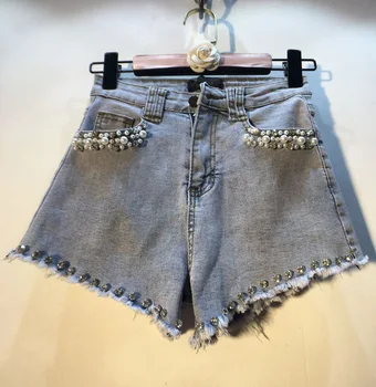 

Summer Shorts Woman Jean Shorts European Style Industrial Diamond Set Beads High Waist Wide-Leg Denim Shorts Lady's Hot Pants