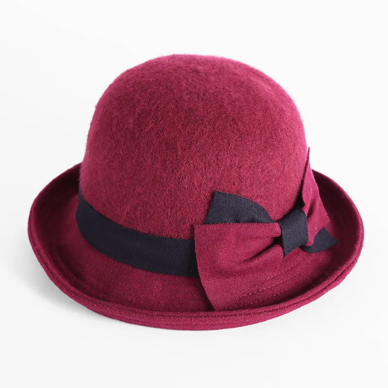 Wine Red FS Fashion Gray Purple Women Wool Felt Bucket Hats Vintage Ladies Cloche Derby Bowler Cap with Bowknot Elegant Autumn Winter - Цвет: Wine Red