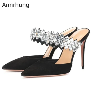 

Jeweled Diamond One-strap Slippers Women 10cm Thin Heel Pointed Toe Luxury Suede Rhinestone High Heel Shoes Woman