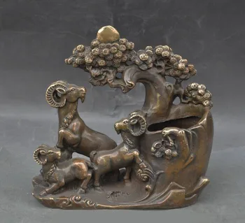 

wedding decoration 8" chinese bronze fengshui animal sheep goat ram Pine statue Pen case Brush pot