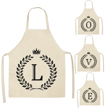 

1 Pcs Simple Crown Letter Printed Kitchen Apron for Woman Man Cotton Linen Aprons For Cooking Home Cleaning Tools