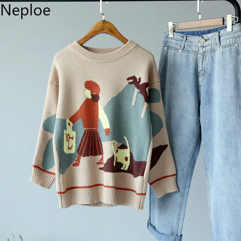 Neploe с круглым вырезом, свободный, с рисунком персонажа, вязанный, для женщин, Hiver, Осень-зима, новинка, длинный рукав, пуловер, свитер, теплый топ 47842