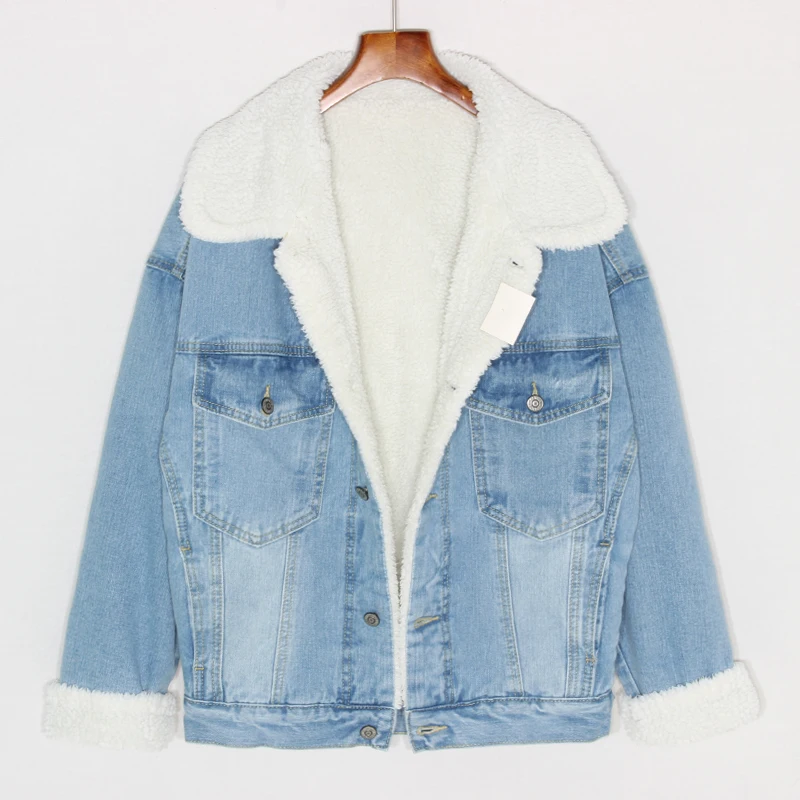

Korean Fashion Winter New Thick Warm Lamb Fur Lining Denim Jacket Women Outerwear Mid Long Loose Blue Jeans Jacket Coat Female