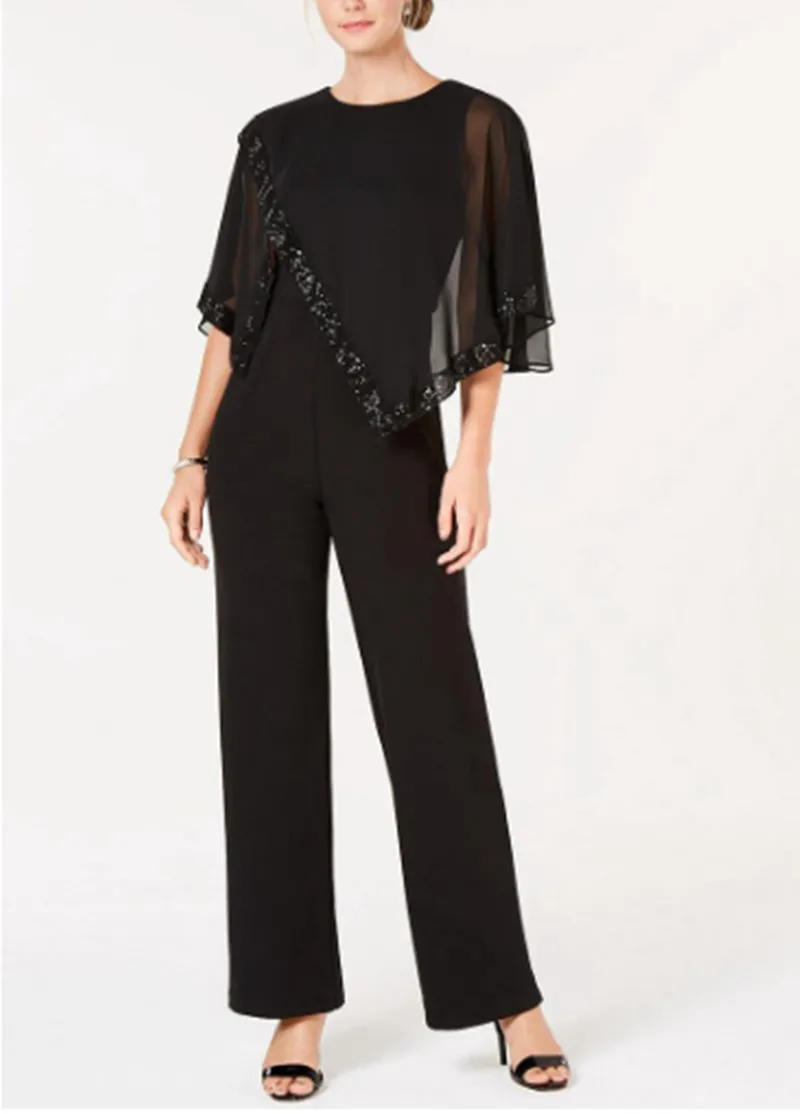 

Комбинезоны, черные платья для матери невесты, шифоновые длинные платья для матери жениха с круглым вырезом и блестками для свадьбы