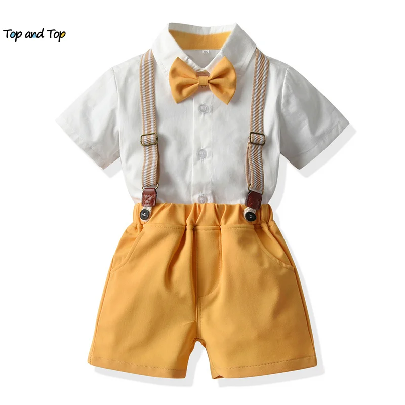 

top and top NEW Summer Infant Baby Boys Gentleman Clothes Casual Short Sleeve Bowtie Shirts+Suspenders Shorts 2Pcs Outfits Sets