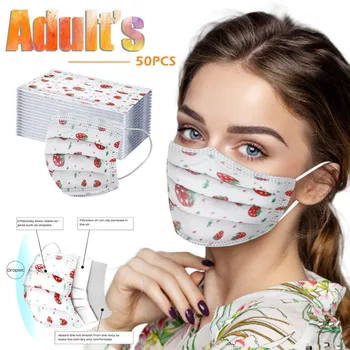

50pcs Strawberry Print Facemask Adult Women Mask 3ply Protective Disposable Face Mask Ear Loop Non-woven Mask for Face Mouth