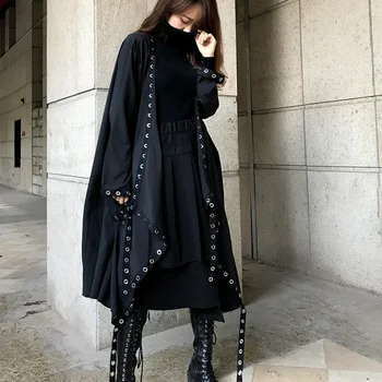 

Spring Autumn New Fashion Black Thin Street Punk Style Trench Coat Casual Loose Rivet Decoration Women Long Coats Plus Size