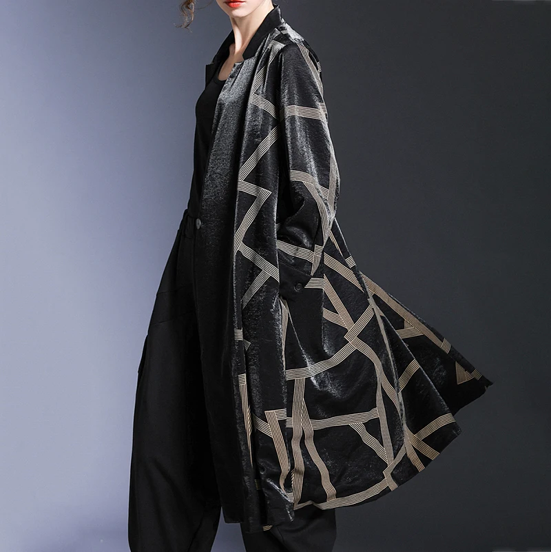 [EAM] Women Pattern Printed Big SizeTrench New Stand Collar Long Sleeve Loose Fit Windbreaker Fashion Autumn Winter 1H689