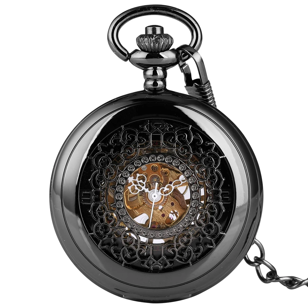 Classic Elegant Black Hollow Pocket Watch Hand Winding Mechanical Fob Men Women Necklace Chain Clock Accessory Gift | Наручные часы