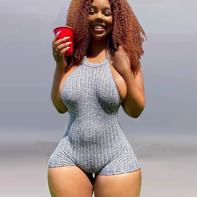 2020 acanalada punto mono verano manga Sexy sin mangas sólido Grey Bodycon mono enterito corto de fiesta de pijamas