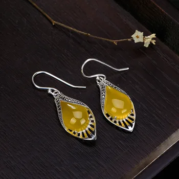 

silver S925 Sterling Silver retro inlaid with chalcedony, pomegranate and macsaishi lady's high-end versatile Earrings