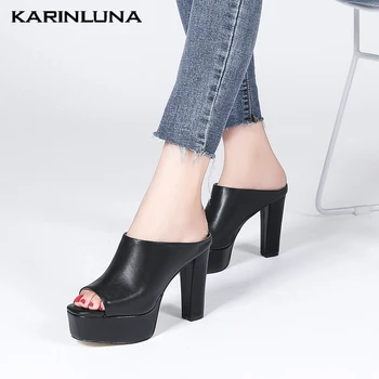 

Karinluna Brand New Trendy 100% Genuine Leather Platform High Heels Women Shoes Sandals Skin Slipper Mules Pumps
