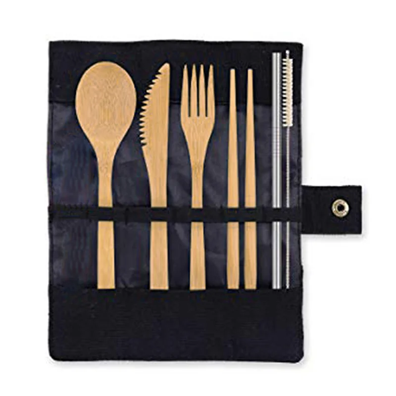 

Eco-Friendly Reusable Bamboo Cutlery Set Fork Spoon Chopsticks Metal Straw Cleaning Brush Kit JS22