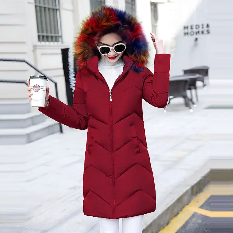 Большие размеры S-6XL Женская куртка зимняя теплая Большая Меховая Женская длинная пуховая парка Тонкая зимняя куртка для женщин пальто с капюшоном женские парки - Цвет: wine red 5