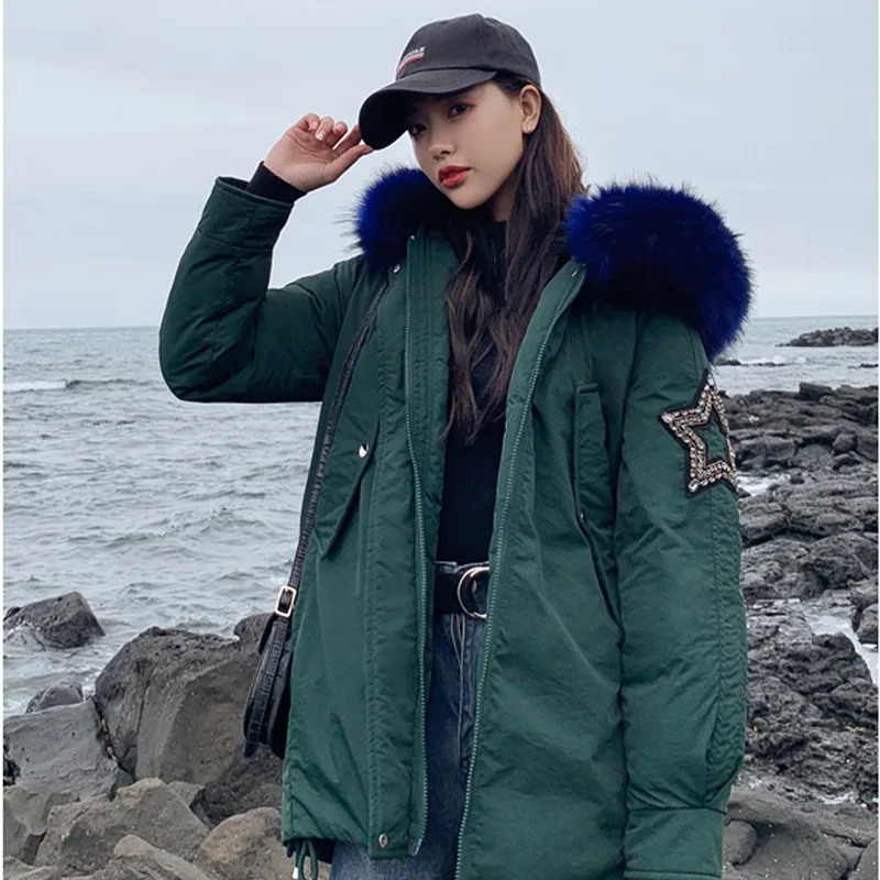 Теплые, Утолщенные, большой меховой воротник, длинные пальто, парка, женские куртки, модные, пентаграмма, эполет, женская зимняя куртка, с хлопковой подкладкой