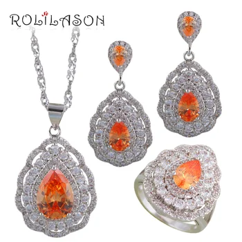 

ROLILASON Champagne Zircon Water drop Silver filled 925 stamped Birthday Jewelry Sets Earrings Necklace rings JS702